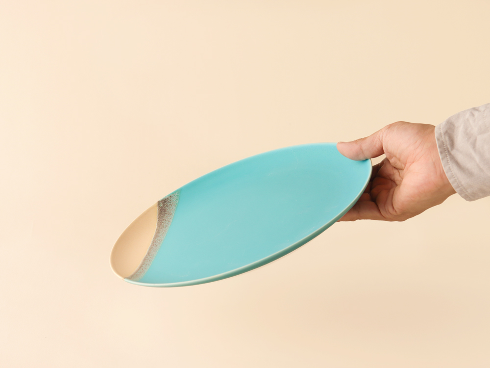 掛け分け ベージュ×トルコブルー プレート皿 大 波佐見焼