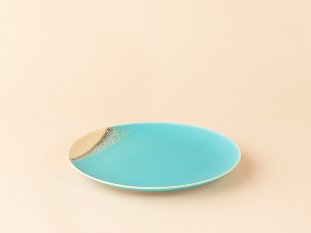 掛け分け ベージュ×トルコブルー プレート皿 中 波佐見焼