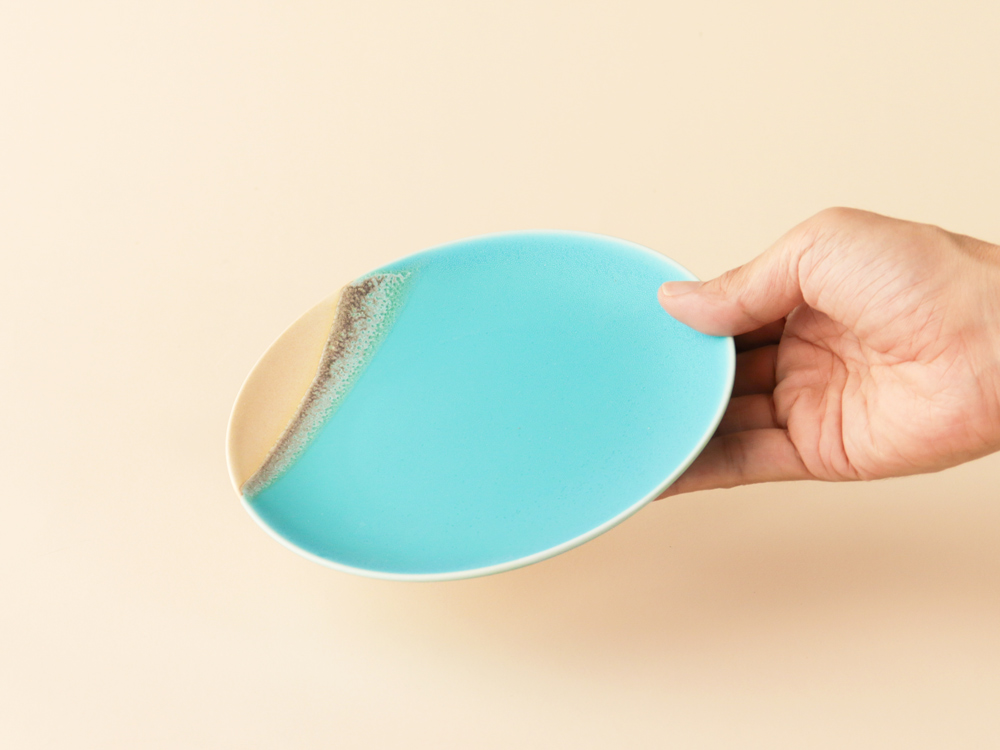 掛け分け ベージュ×トルコブルー プレート皿 小 波佐見焼