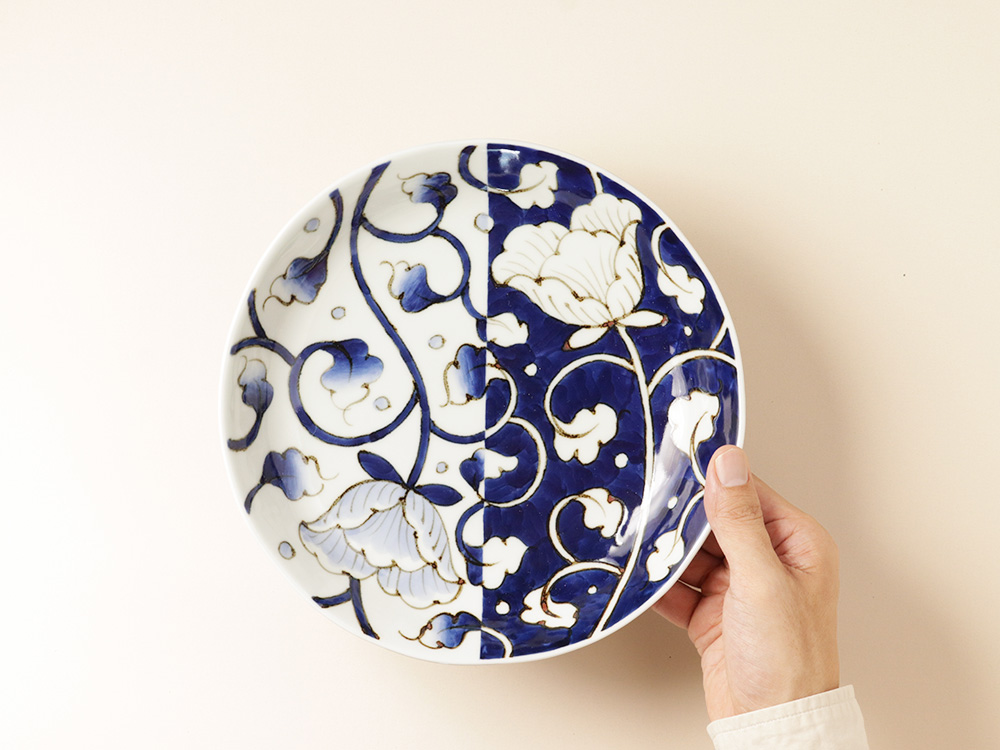 染付 二方牡丹 7寸皿 有田焼