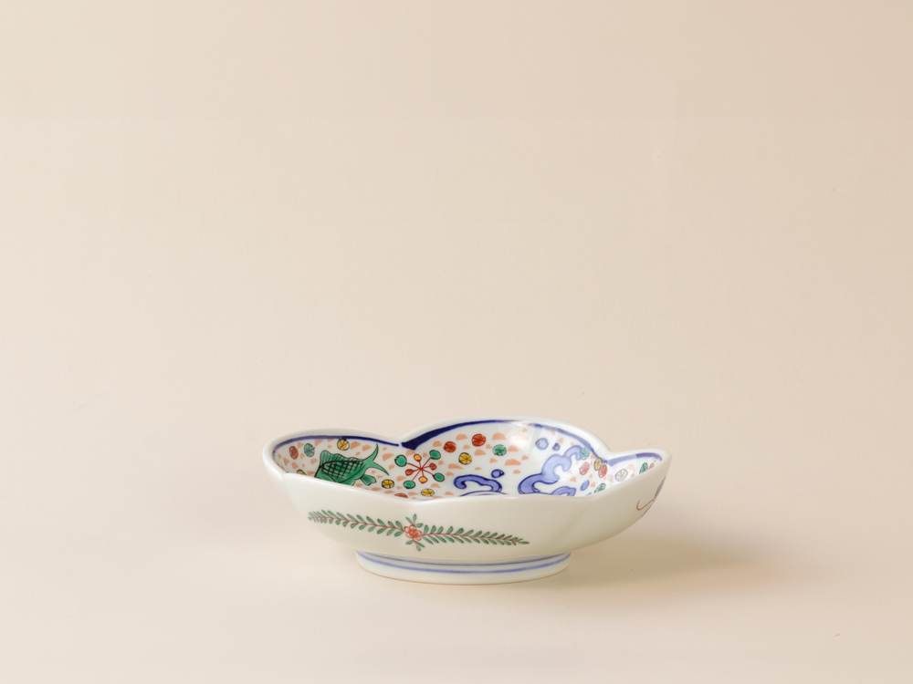 デッドストック 色絵 魚紋様 花型取り皿 有田焼