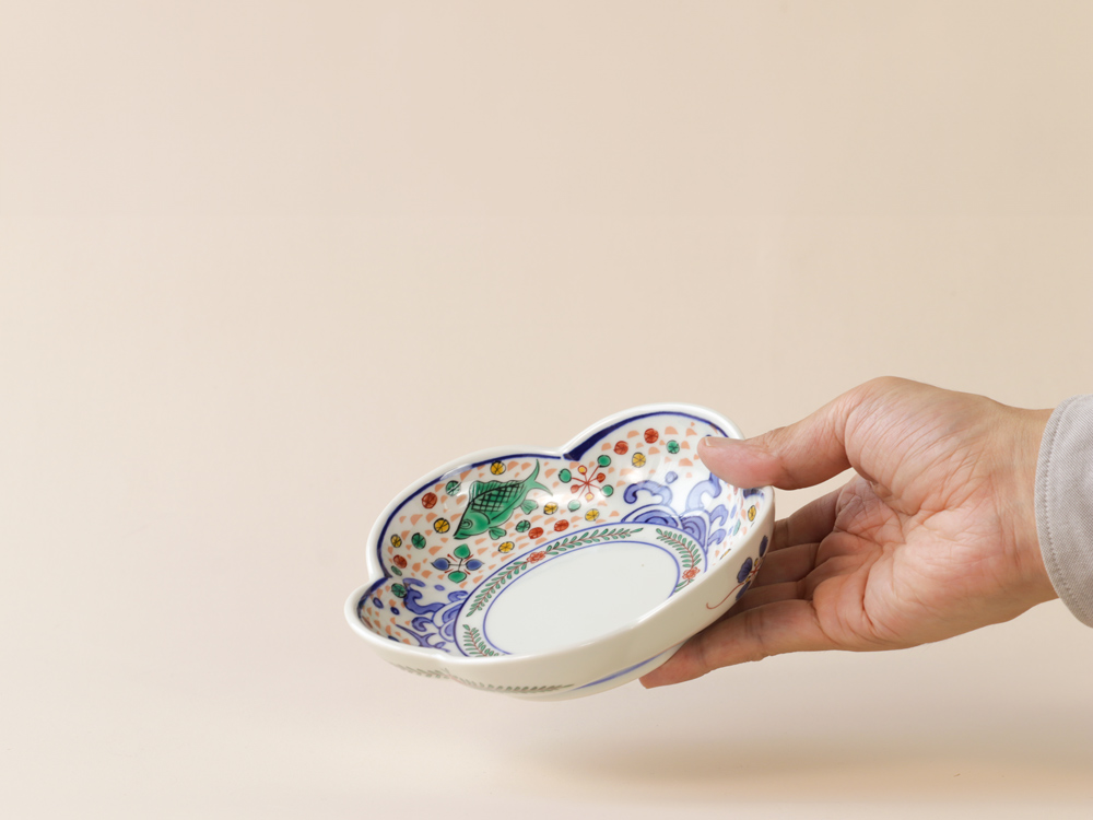 デッドストック 色絵 魚紋様 花型取り皿 有田焼