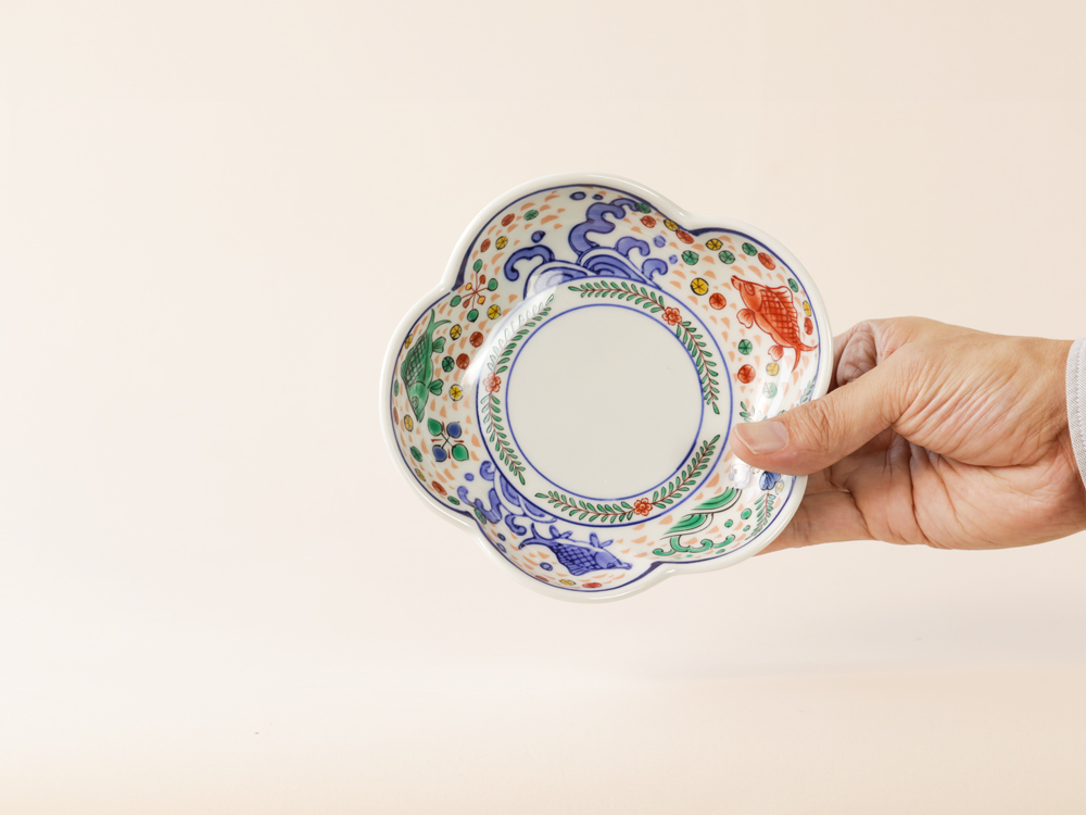 デッドストック 色絵 魚紋様 花型取り皿 有田焼